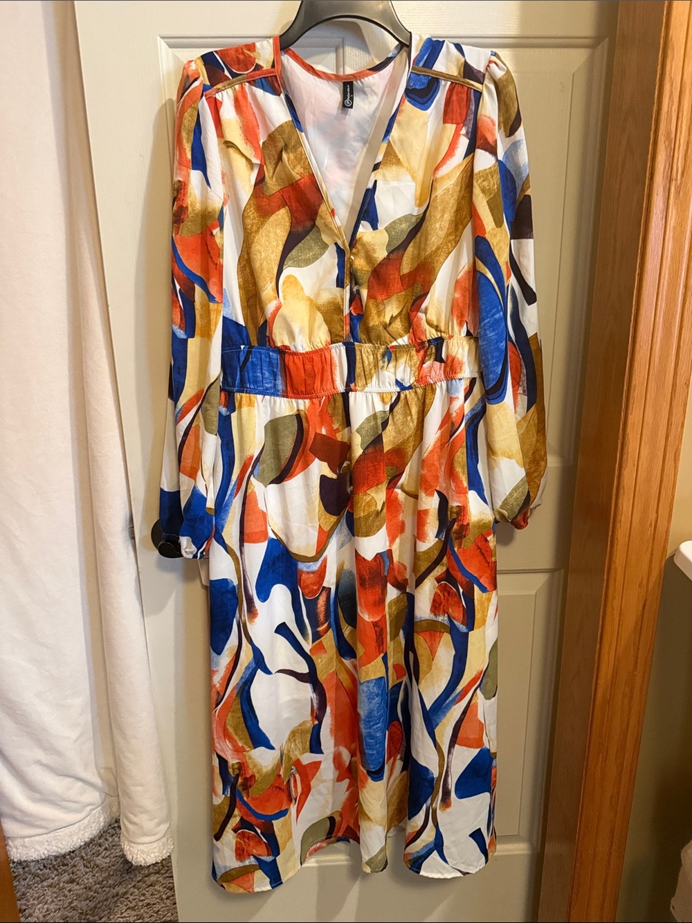Abstract Print Long Sleeve Midi Dress in White with Blue, Gold & Orange
